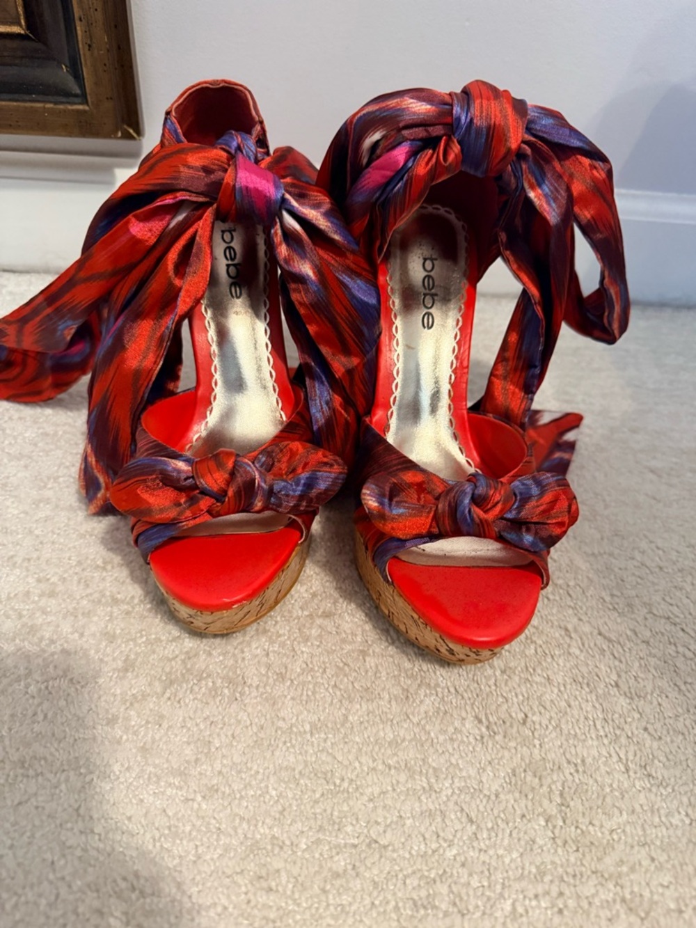 bebe Red Multicolor Pattern Wedge Sandals with Scarf Tie